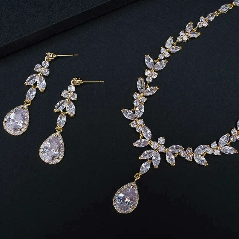 Ekopdee Luxury Brilliant Cubic Zirconia Necklace Set Earrings Rings Women CZ Light Drop Bridal Wedding Jewelry Sets 2022 New