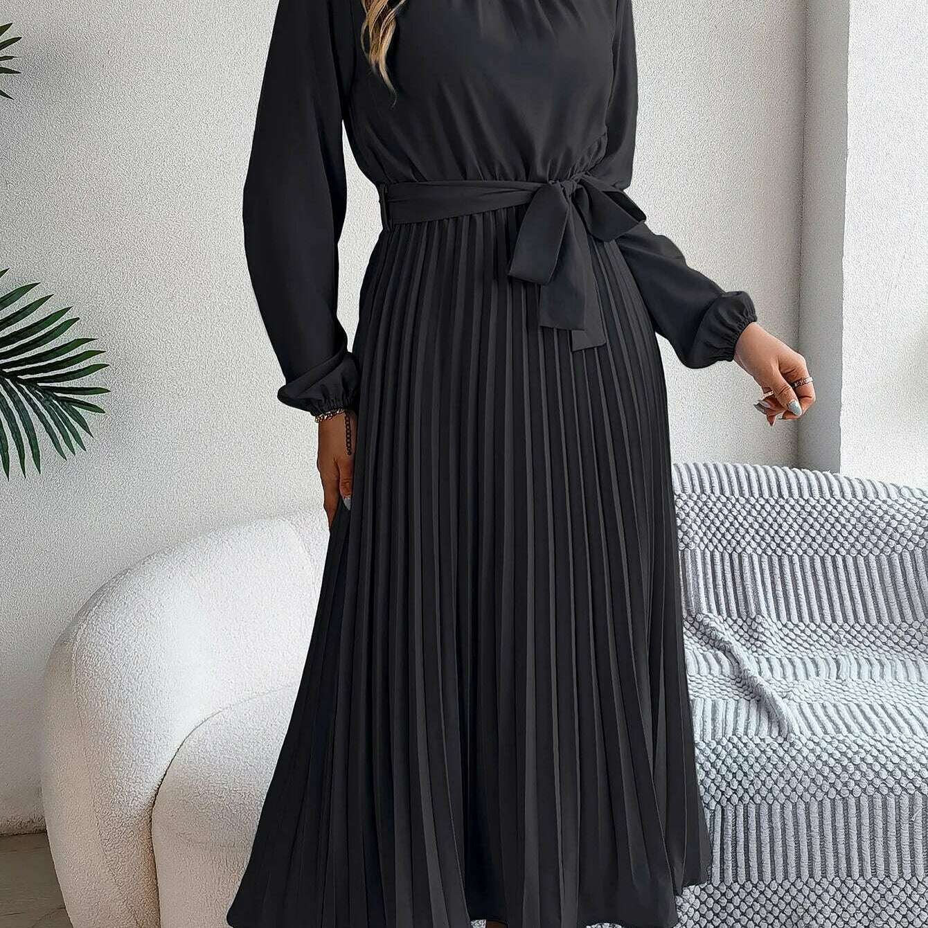 Autumn & Winter Pleated Stand-Up Collar Midi Dress