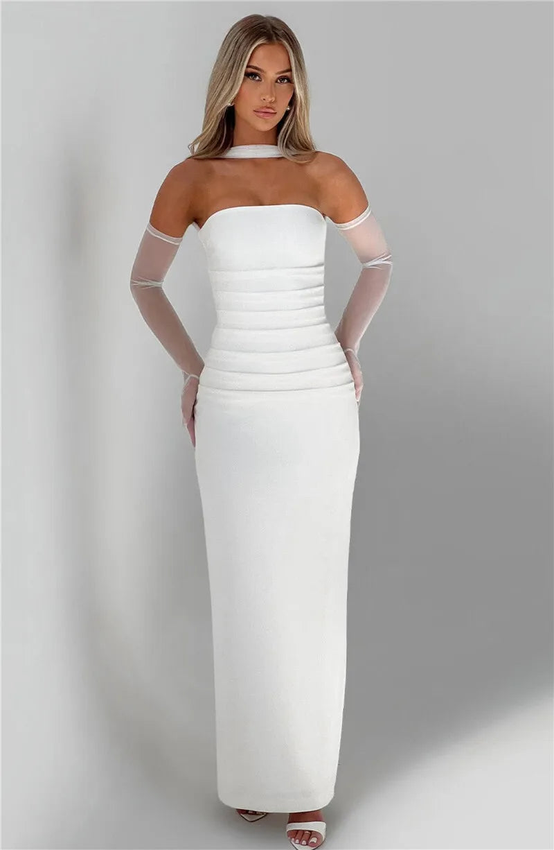Mozision Scarf Collar Strapless Sexy Maxi Dress For Women Fashion Off-shoulder Backless Bodycon Club Party Long Dress Elegant