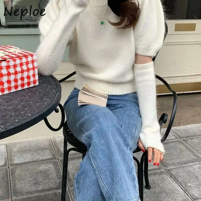 Neploe Korean Office Sweater: O-Neck, Short Sleeve, Solid Color Pullover - D&M Boutique