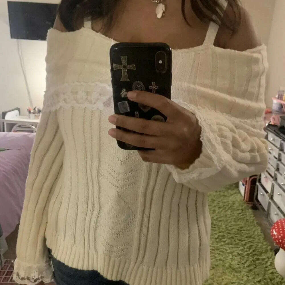 Grunge Off-Shoulder Knit Sweater: Pink, Bow Lace Y2K Jumper - D&M Boutique
