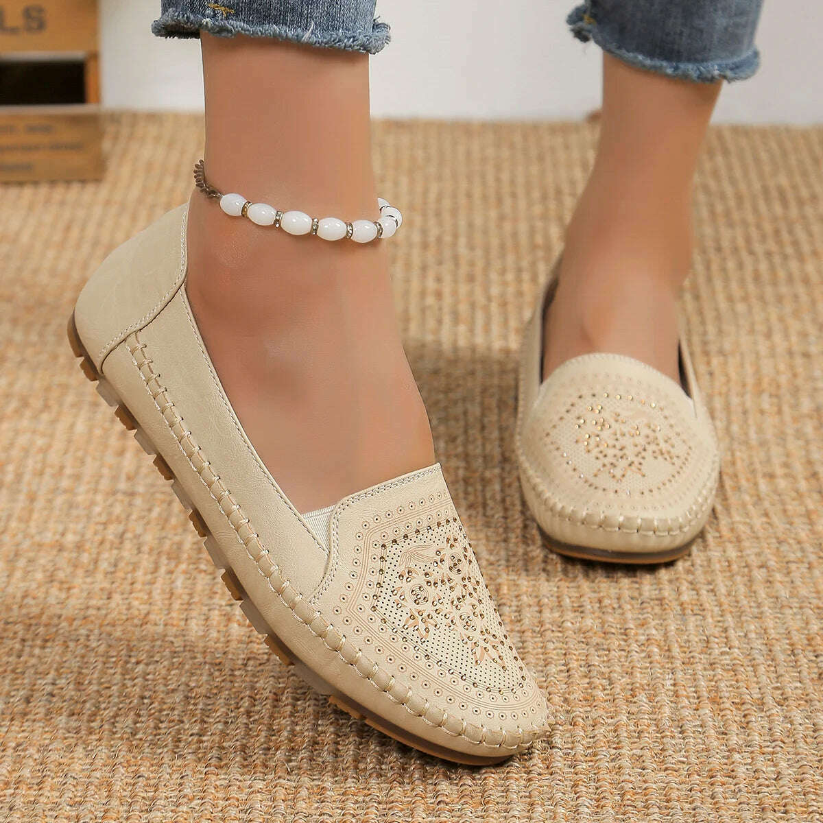 Elegant Crystal Ballerina Flats - Soft Leather Slip-On Mules