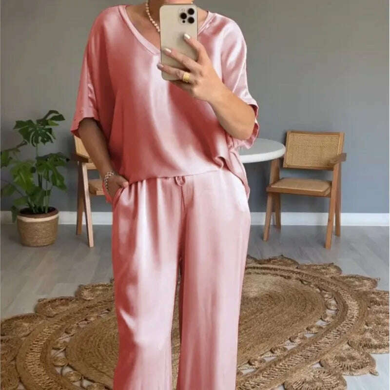 Elegant Women's Summer Satin V-neck Top & High-Waisted Pants Set