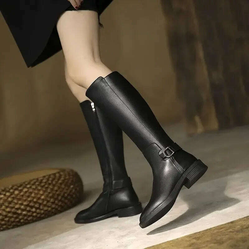 2024 maogu Women's Leather Knee High Boots – Low Heel