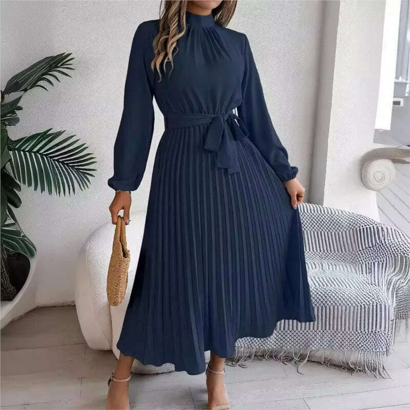Autumn & Winter Pleated Stand-Up Collar Midi Dress