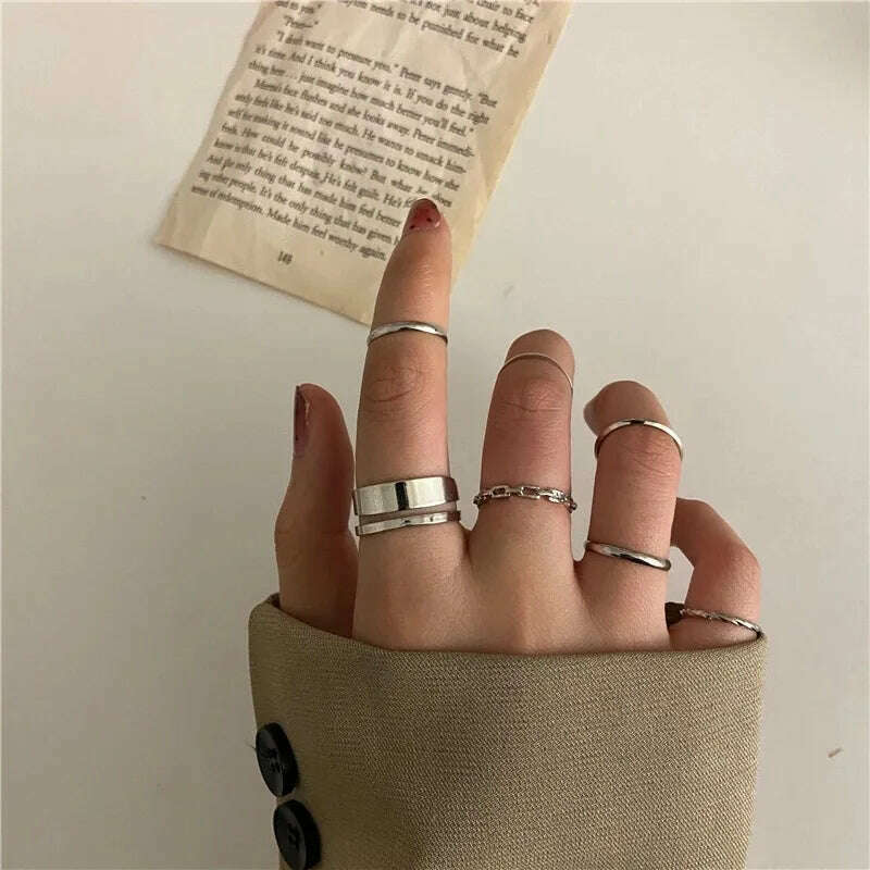 New Trendy Gold Color Rings Set For Women Simple Irregular Geometric Oval Hollow Out Opening Ring Girl Party Jewelry Gift Bague