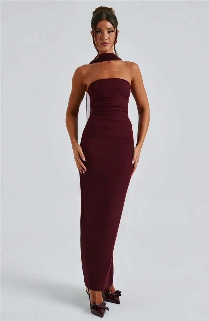 Mozision Scarf Collar Strapless Sexy Maxi Dress For Women Fashion Off-shoulder Backless Bodycon Club Party Long Dress Elegant