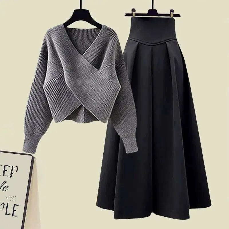 Fall Winter Women’s Knitted Sweater & Pleated Skirt Set - D&M Boutique