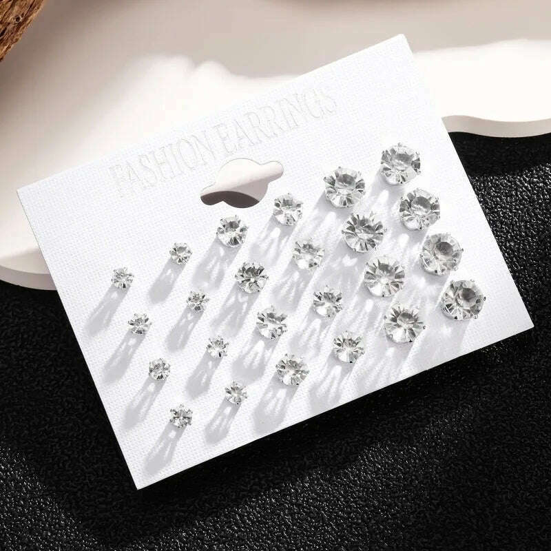12-Pair White Crystal Wedding Stud Earrings Set