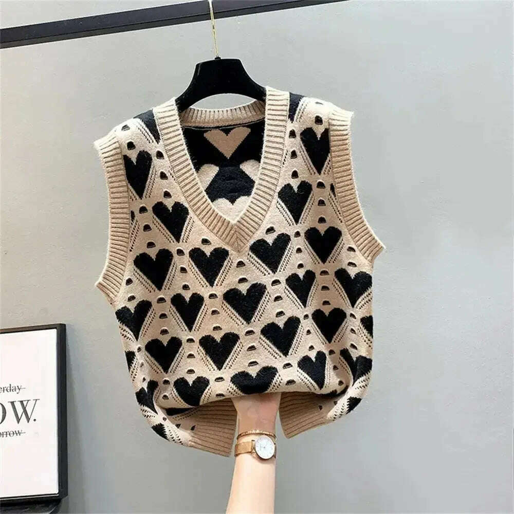 Fashion Love Heart Knitted Vest: V-Neck, Sleeveless, Casual Sweater - D&M Boutique