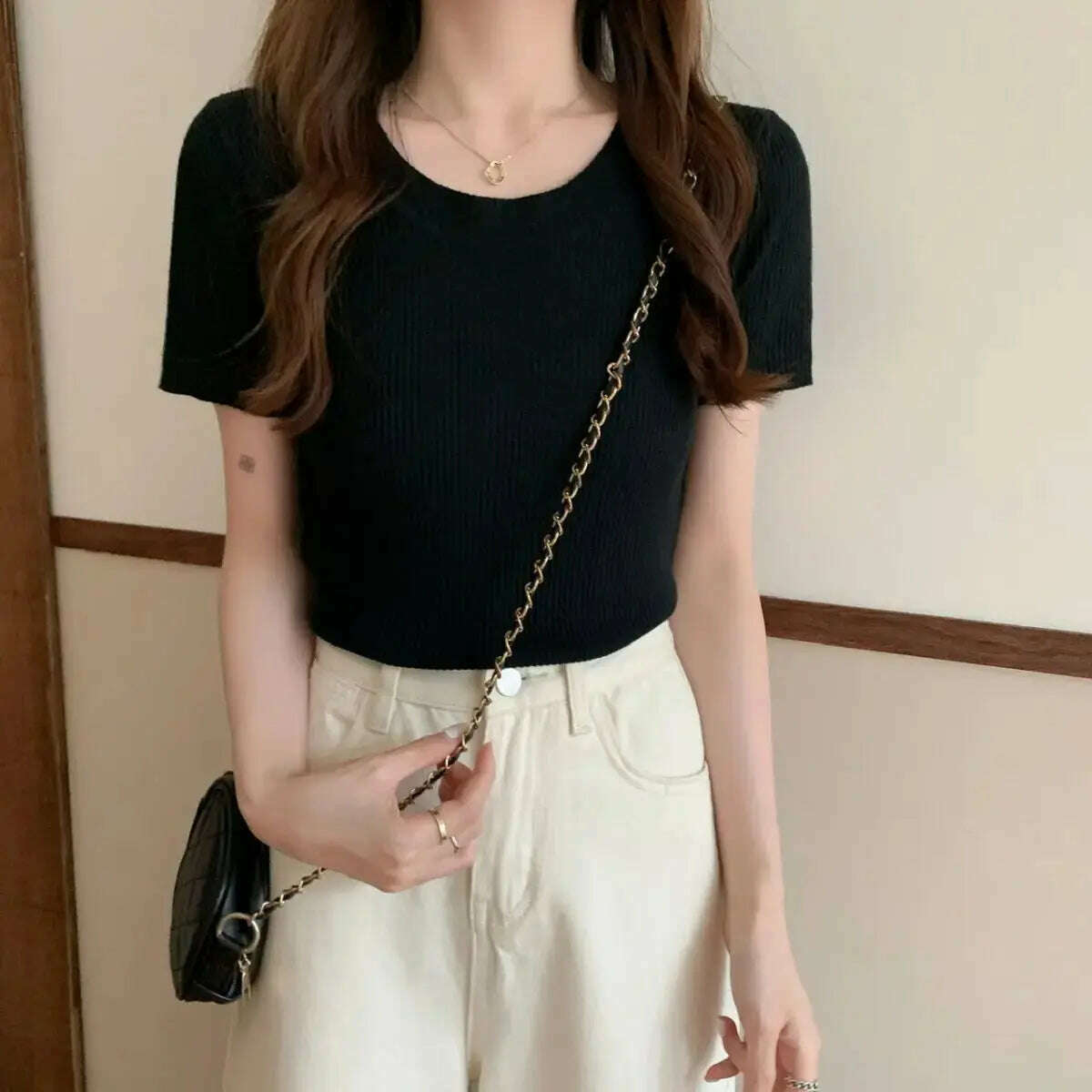 Knit Slim Short Sleeve T-Shirt: White/Green Crop Top - D&M Boutique