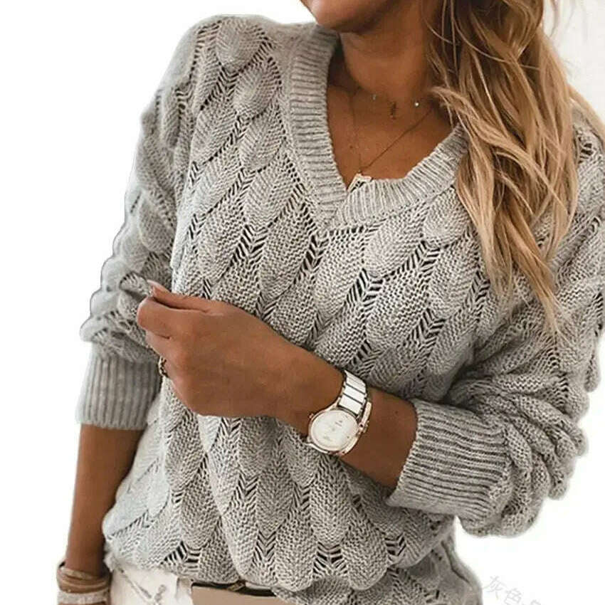 Fashion Women's V-Neck Pullover: Hollow Out, Casual Sweater Top - D&M Boutique