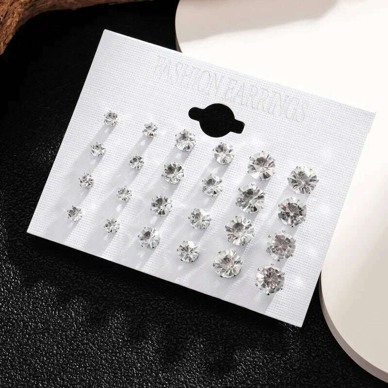 12-Pair White Crystal Wedding Stud Earrings Set
