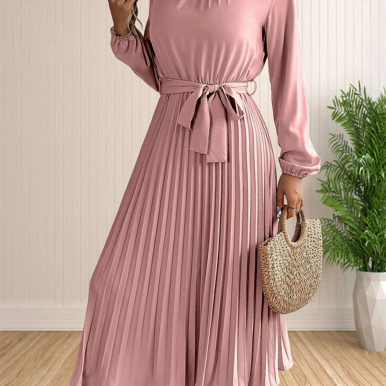 Elegant Pleated Lace-Up Long Sleeve A-Line Sundress