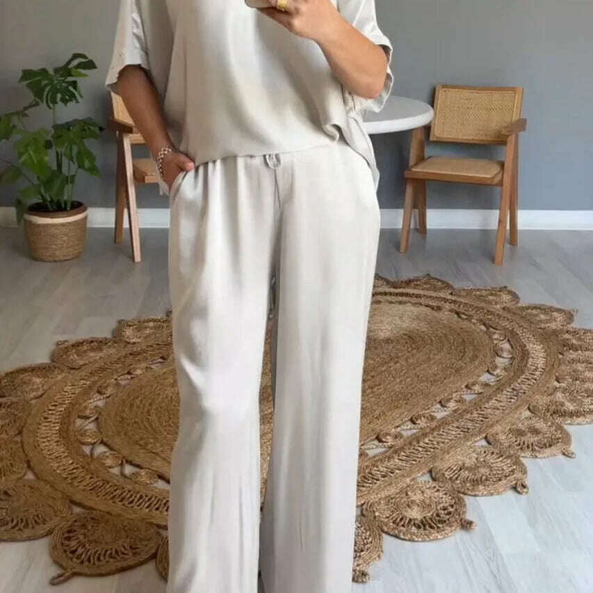 Elegant Women's Summer Satin V-neck Top & High-Waisted Pants Set