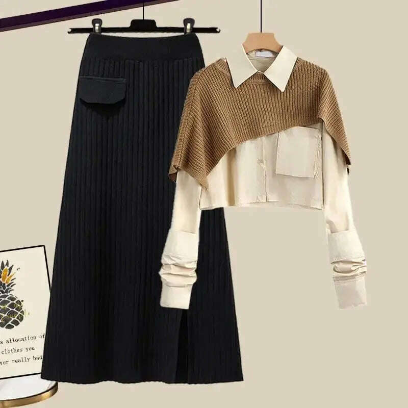 Plus Size Autumn Knit Skirt Set – Loose-Fit Shirt, High-Waist Style - D&M Boutique