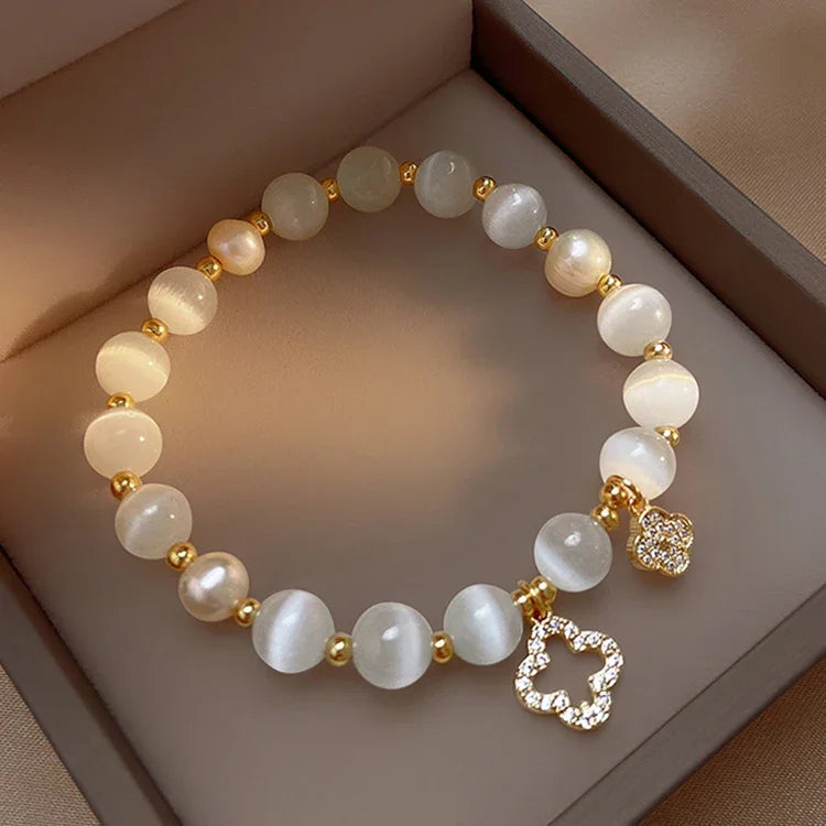 Kirykle Natural Crystal Bracelet for Women White Opal Stone Pearl Fashion Lucky Four-leaf Clover Women's Jewelry Bangles Gift
