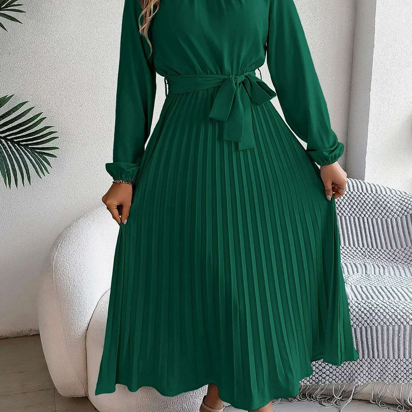Autumn & Winter Pleated Stand-Up Collar Midi Dress