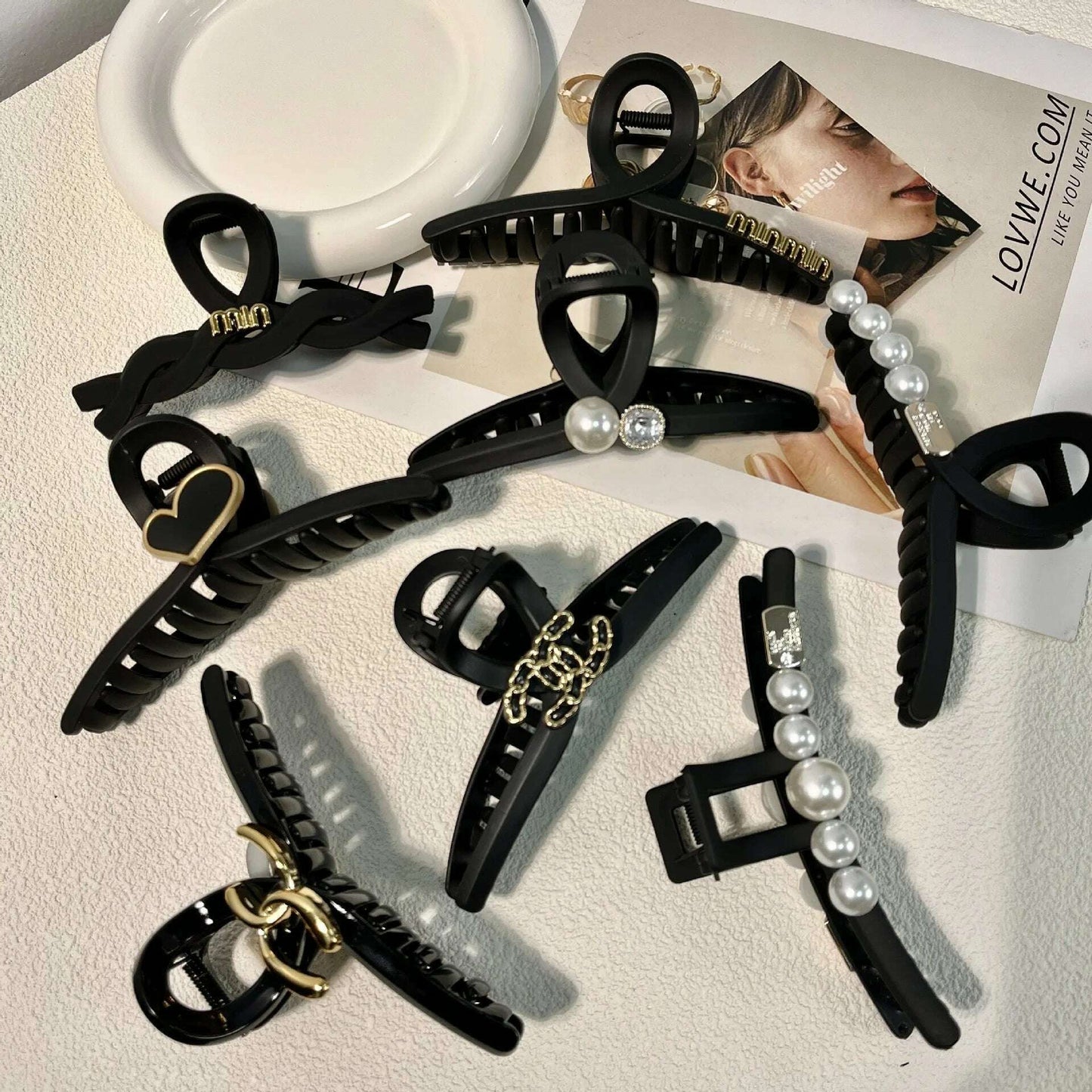 13cm Black Frosted Shark Hair Claw Clip with Pearl Detail