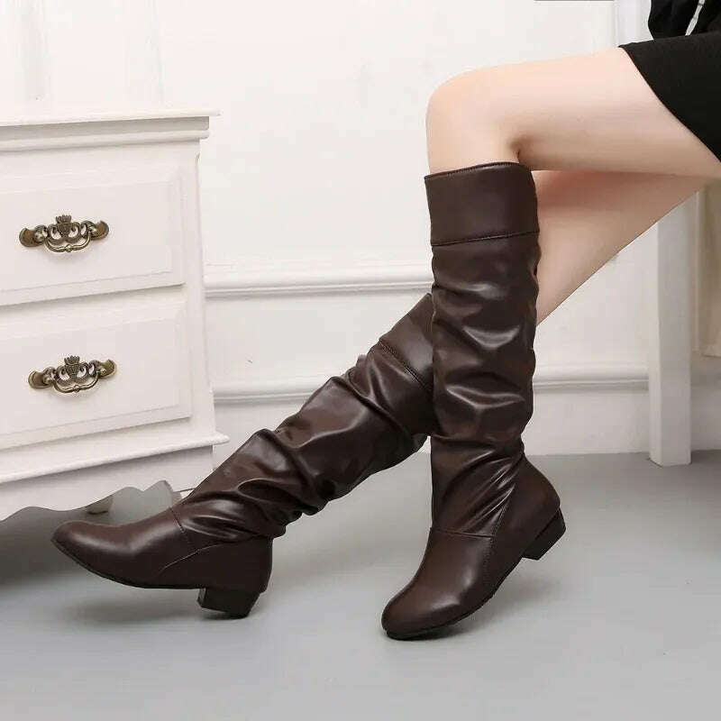 Women's PU Leather Knee-High Boots – Slip-On