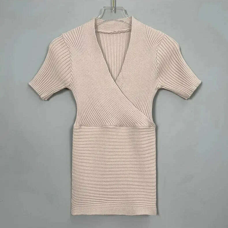 Deep V Knitted T-Shirt: Women's Summer Korean Fashion Tee - D&M Boutique