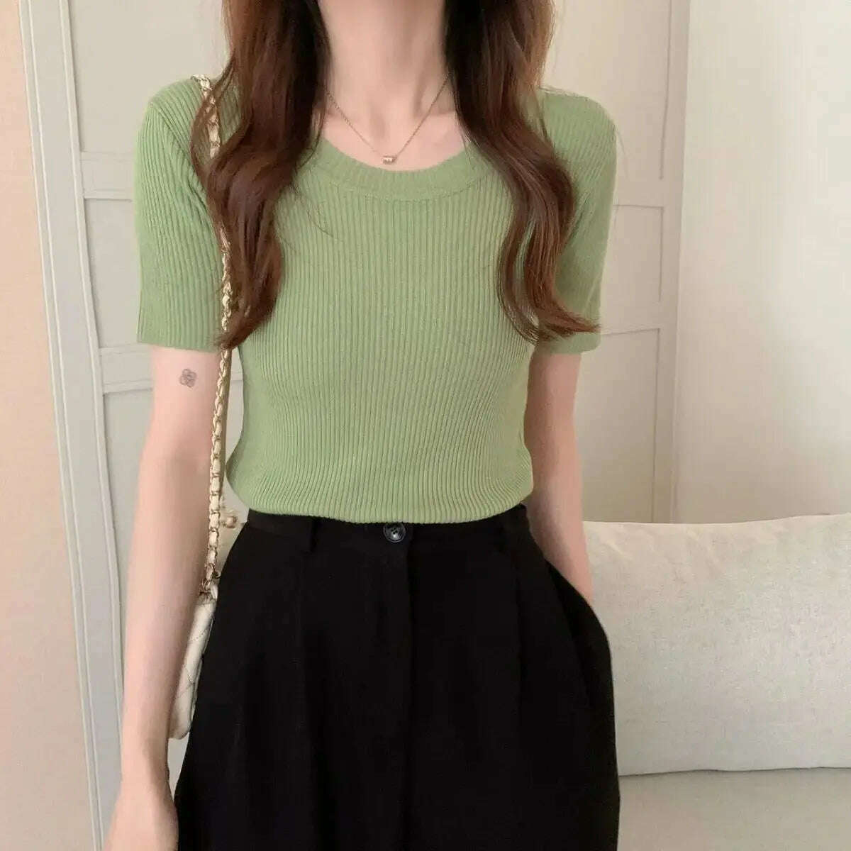 Knit Slim Short Sleeve T-Shirt: White/Green Crop Top - D&M Boutique