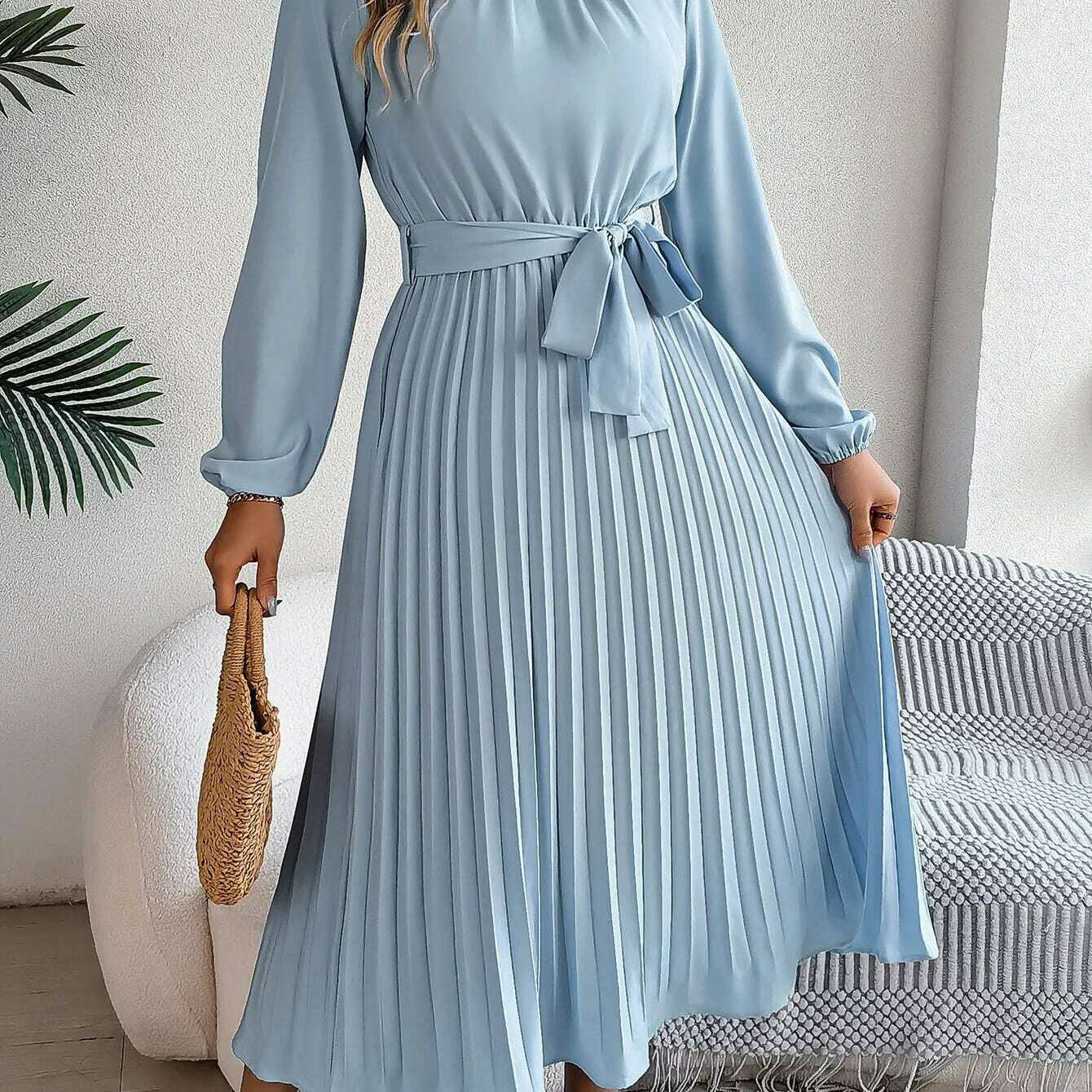 Autumn & Winter Pleated Stand-Up Collar Midi Dress