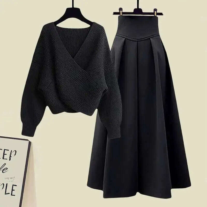 Fall Winter Women’s Knitted Sweater & Pleated Skirt Set - D&M Boutique