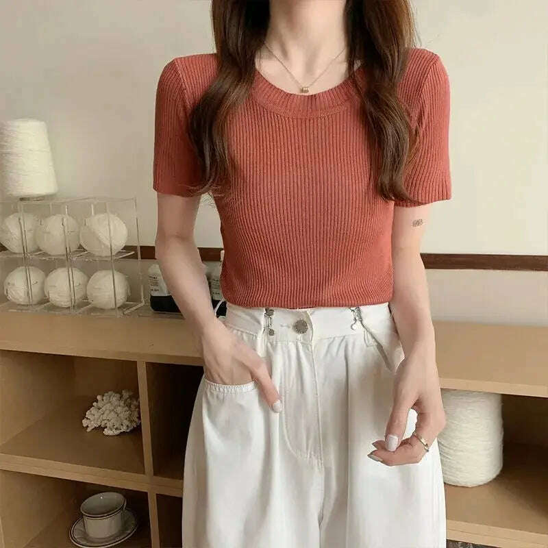 Knit Slim Short Sleeve T-Shirt: White/Green Crop Top - D&M Boutique