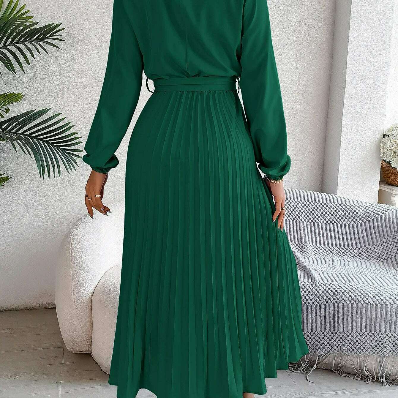 Autumn & Winter Pleated Stand-Up Collar Midi Dress