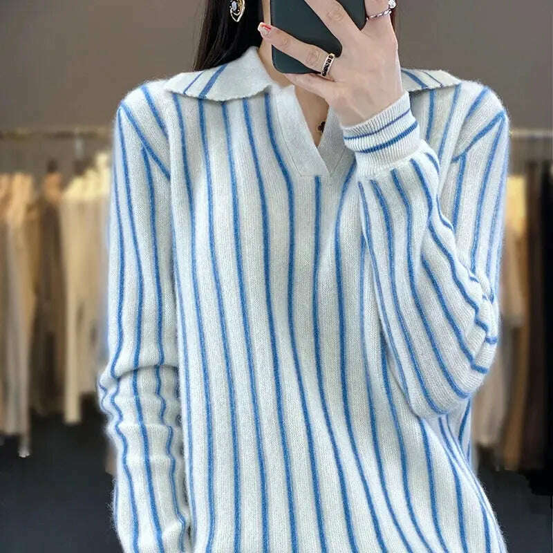 Merino Wool Sweater: Striped, Polo Neck, Autumn/Winter - D&M Boutique