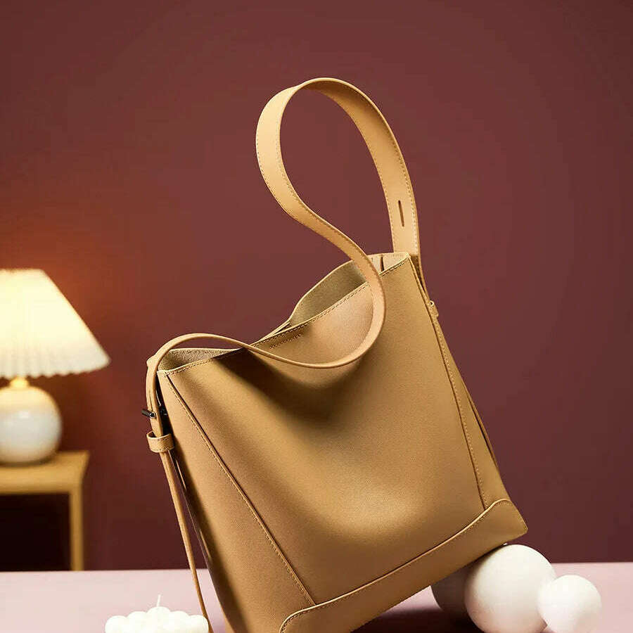 Minimalist Brown Leather Bucket Bag - Sleek and Structured