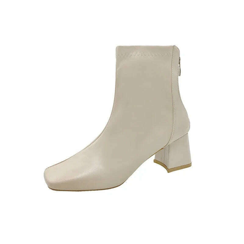 Casual Women's Thick Heel Medium Heel Boots Women's 2024 New Winter Square Toe Back Zipper Heightening Short Boots