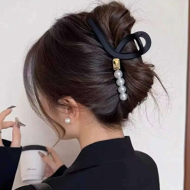13cm Black Frosted Shark Hair Claw Clip with Pearl Detail