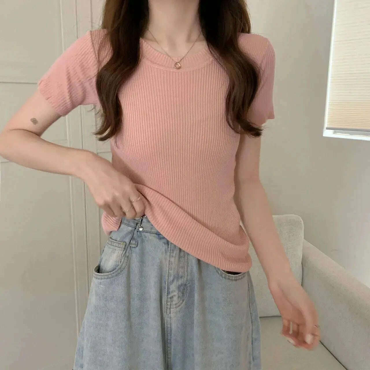 Knit Slim Short Sleeve T-Shirt: White/Green Crop Top - D&M Boutique