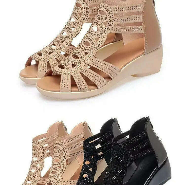 Soft Leather Roman Sandals - Chunky Heel Wedge Shoes