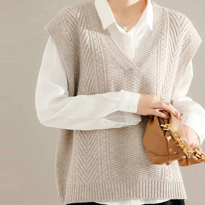 Korean Knitted Sweater Vest – V-Neck, Sleeveless, Loose Pullover - D&M Boutique