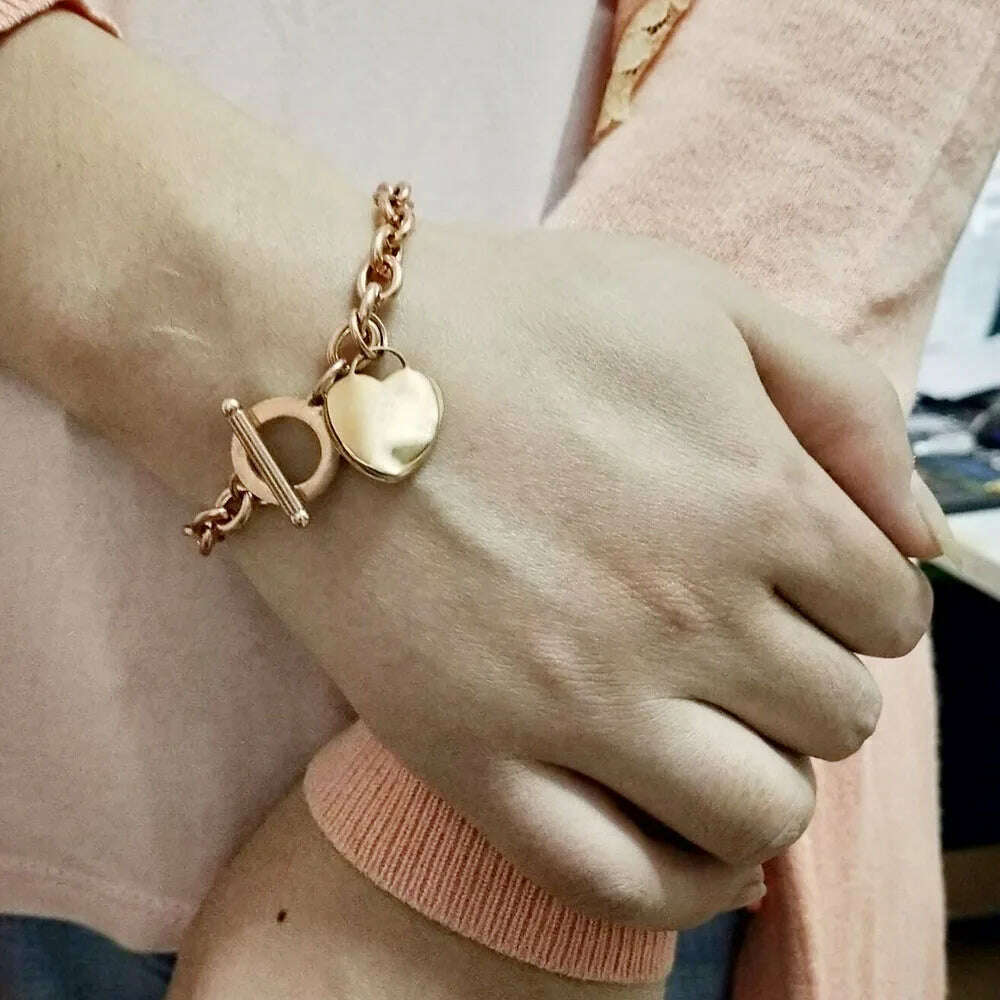 Classic Stainless Steel Toggle Bracelets Thick Chain Love Heart Charm Bracelet For Women Girls New Bracelets Trendy Jewelry