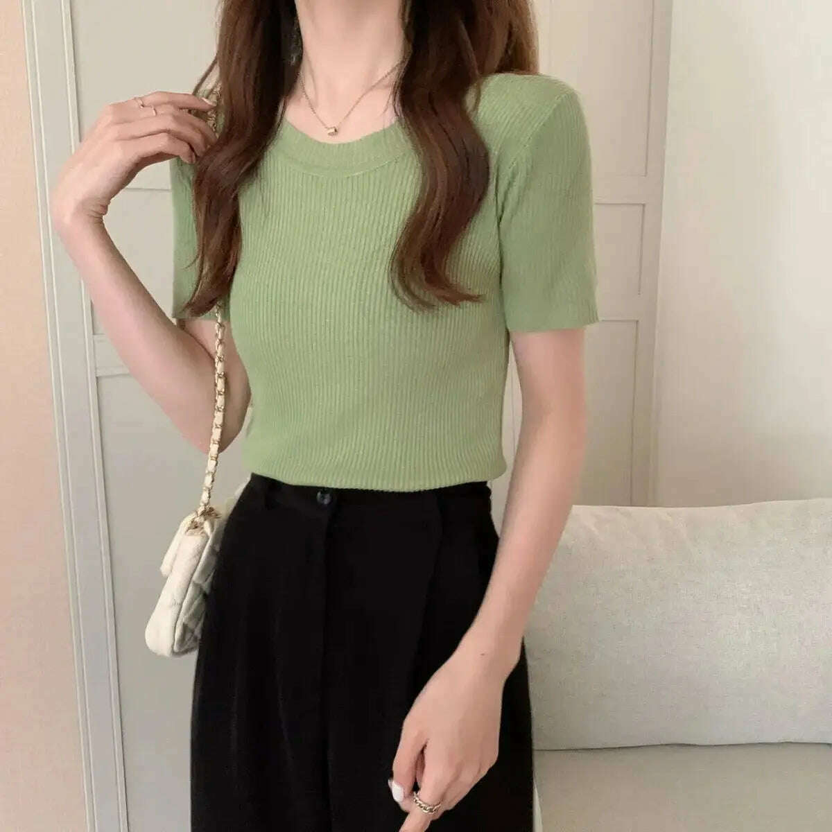 Knit Slim Short Sleeve T-Shirt: White/Green Crop Top - D&M Boutique