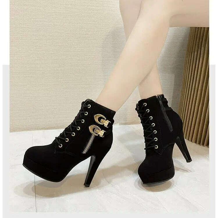 Chunky Heeled Ankle Boots - Metal Decor, Lace-Up Platform