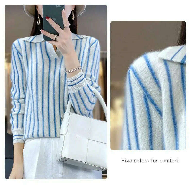 Merino Wool Sweater: Striped, Polo Neck, Autumn/Winter - D&M Boutique