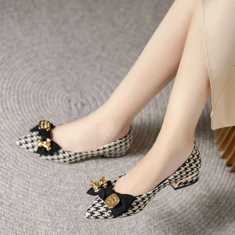 2024 Slip-On Flats - Pointed Toe, Houndstooth & Butterfly Knot