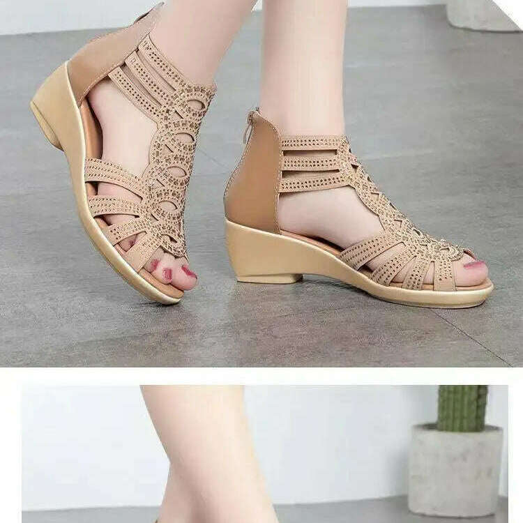 Soft Leather Roman Sandals - Chunky Heel Wedge Shoes