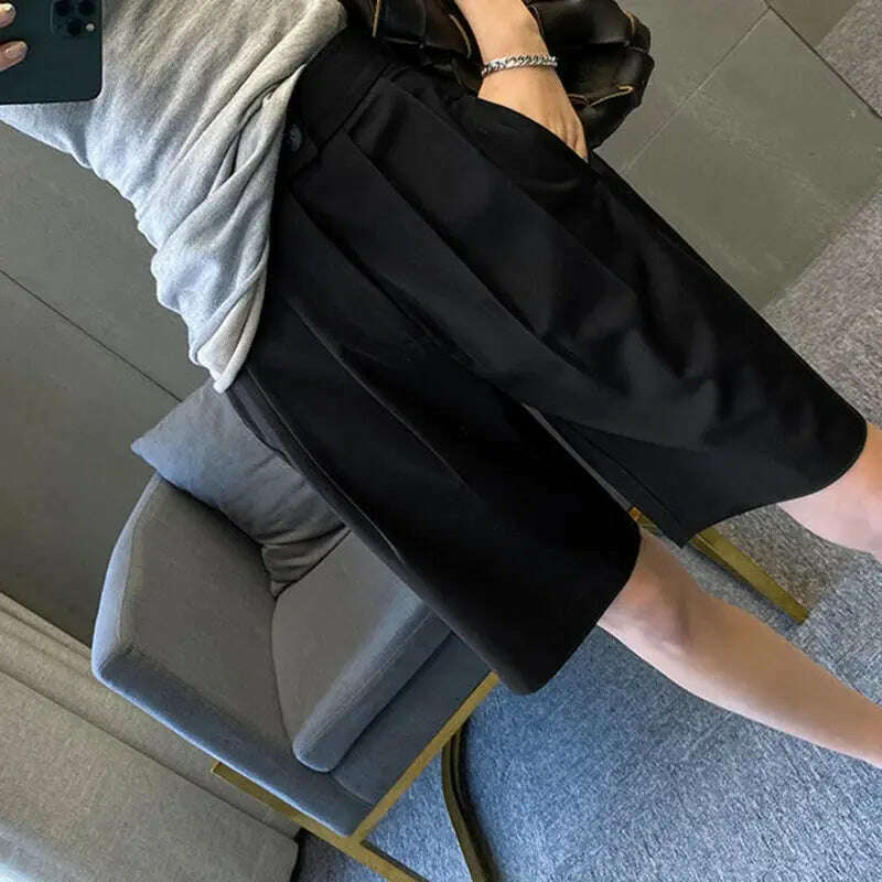 Korean Office Suits Shorts – High Waist, Double-Button, Knee-Length