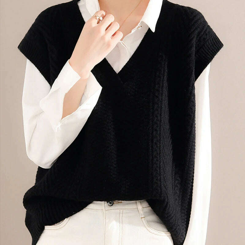 Korean Knitted Sweater Vest – V-Neck, Sleeveless, Loose Pullover - D&M Boutique