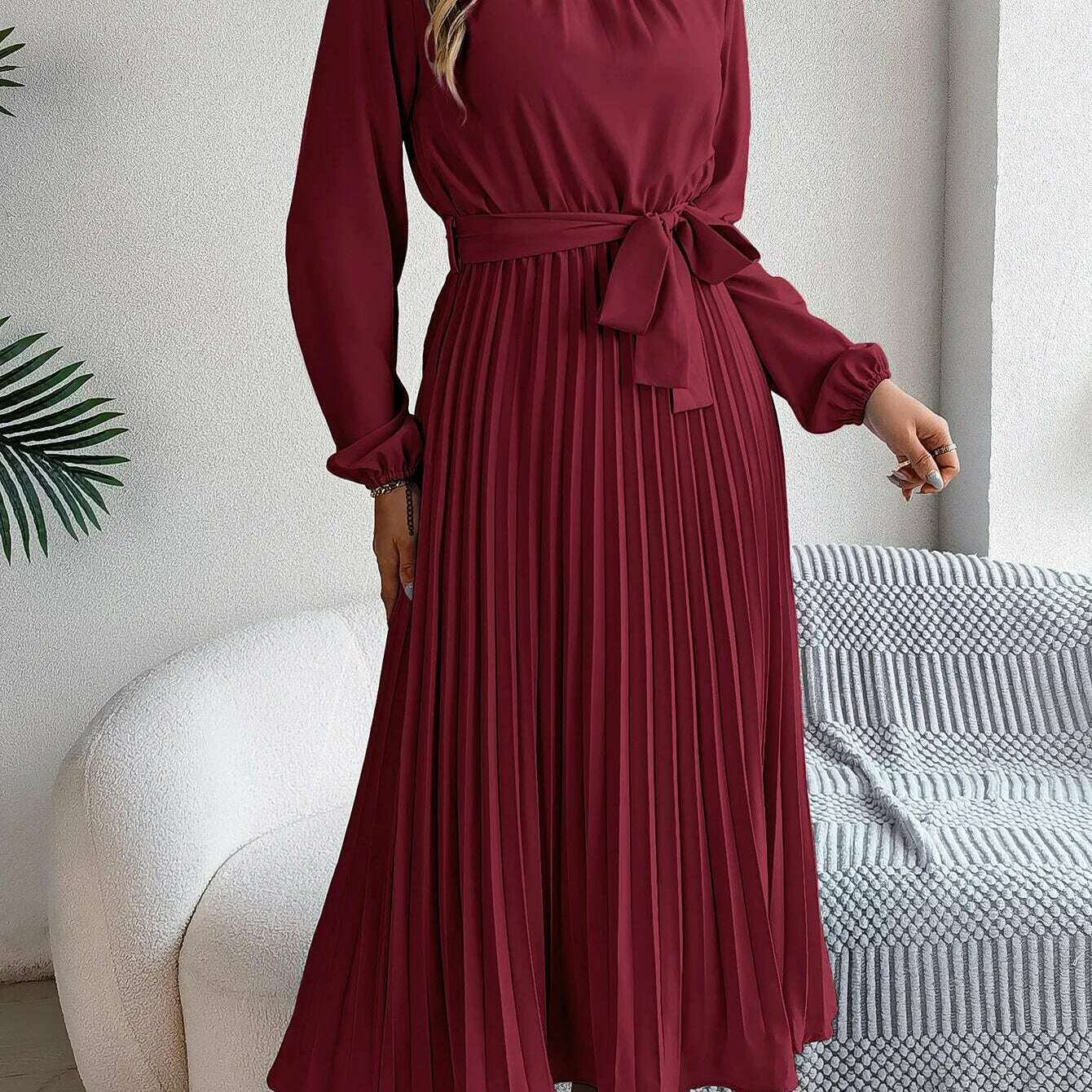 Autumn & Winter Pleated Stand-Up Collar Midi Dress