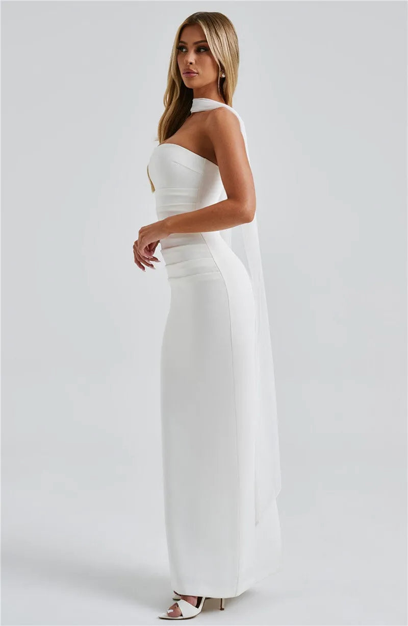 Mozision Scarf Collar Strapless Sexy Maxi Dress For Women Fashion Off-shoulder Backless Bodycon Club Party Long Dress Elegant