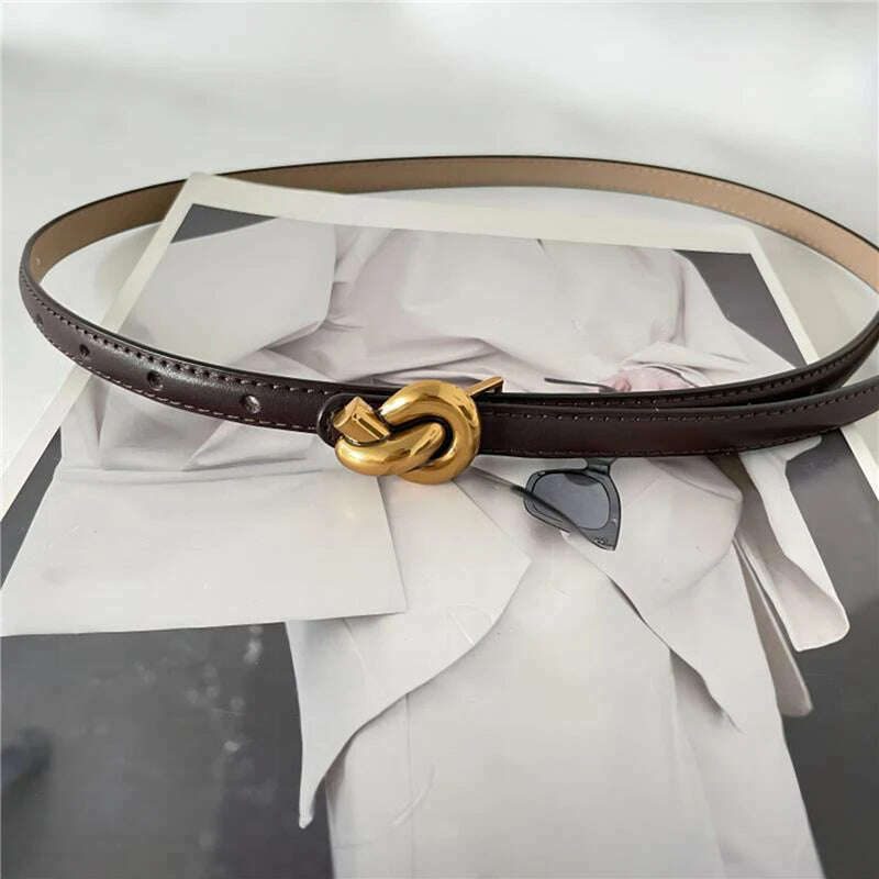 Adjustable Thin Genuine Leather Belt with Metal Knot Buckle
