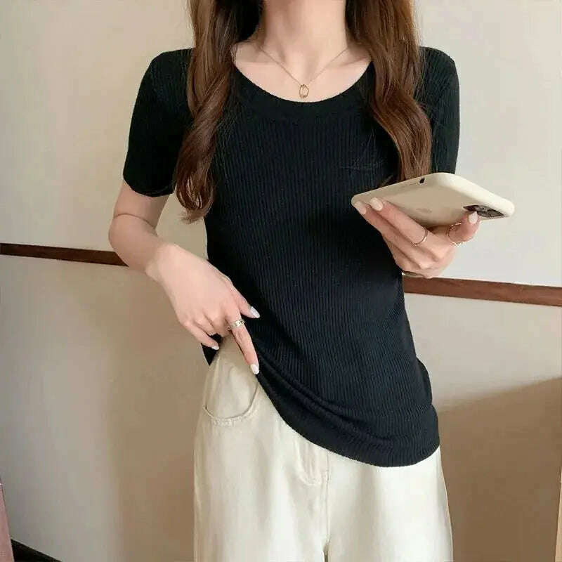 Knit Slim Short Sleeve T-Shirt: White/Green Crop Top - D&M Boutique