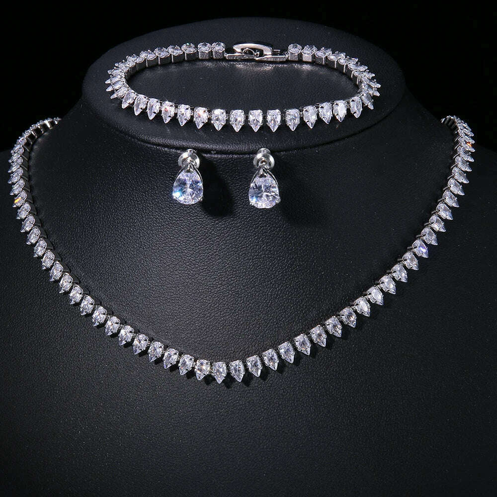 Emmaya Zircons Gorgeous Cubic Zirconia White Gold Color Round Wedding Bridal Necklace Earrings Party Jewelry Set for Brides